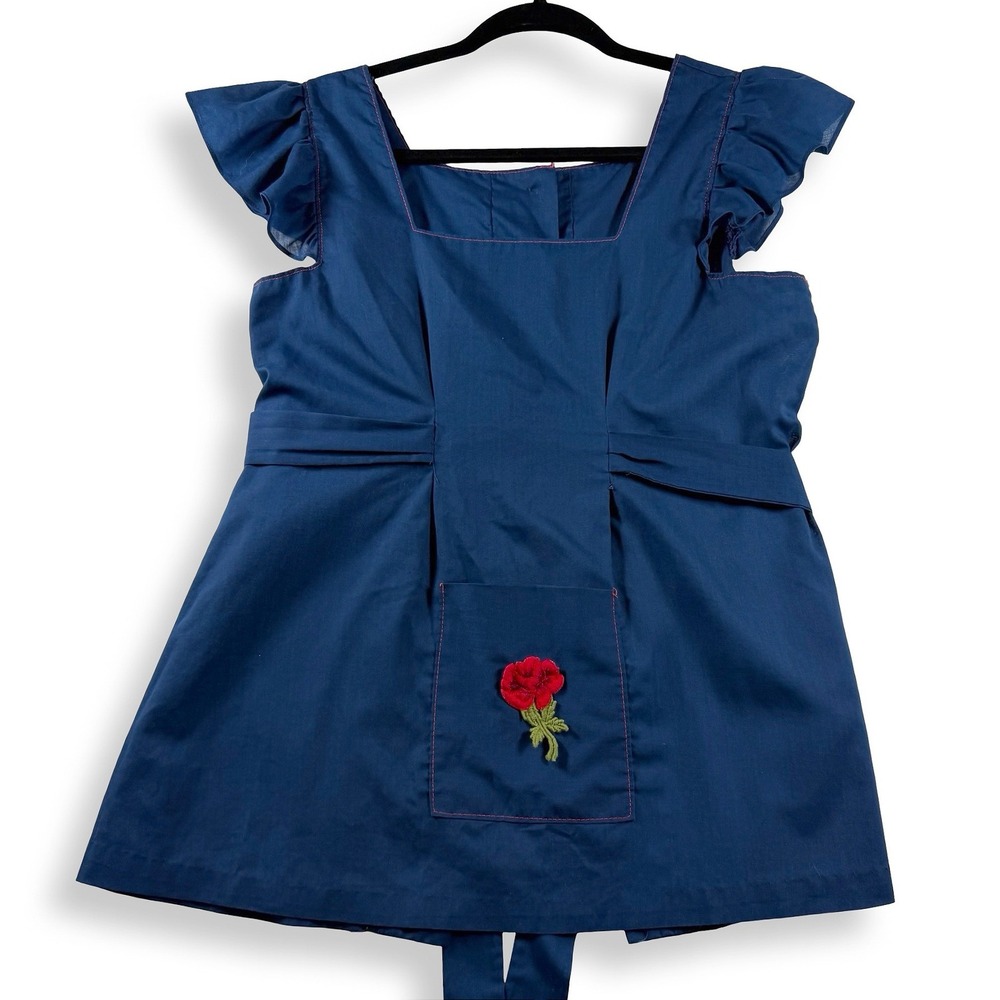 Vintage 70s Fritzi of California Navy Ruffle Rose Pinafore Top Tag Sz 2 Fits S/M